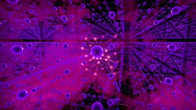 Futuristic purple network of interconnected spheres and nodes forming a digital structure, representing artificial intelligence, data networks, blockchain systems, and molecular or neural connections.
