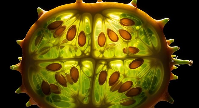 A cross-section of a translucent, spiky-skinned fruit with visible seeds against black