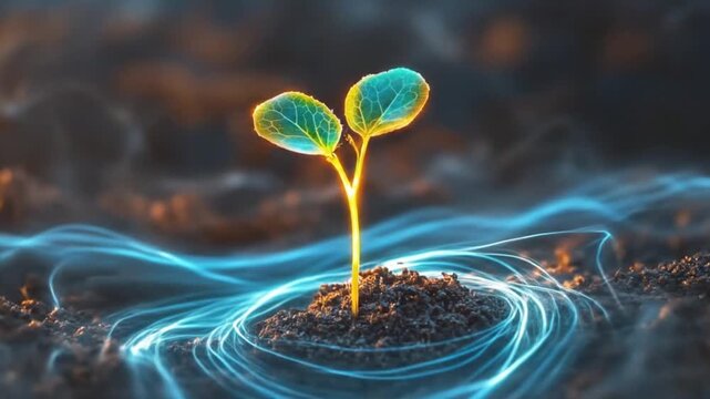 Vibrant glowing sprout concept, symbolizing new beginnings, sustainable energy, and innovative growth in a digitally enhanced natural environment, representing the future of life and development