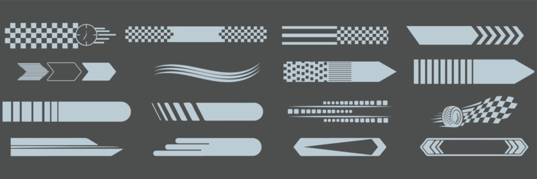 Colorful racing stripes set with diagonal speed lines arrow shapes motorsport graphic vector illustration