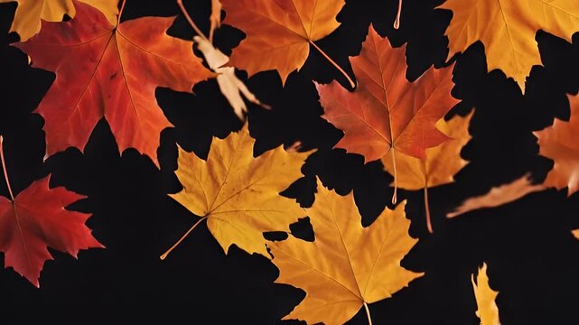 Vibrant autumn maple leaves falling on black background