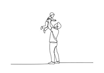 Fototapeta premium Continuous Line Drawing of Father Lifting Son Up in the Air, Minimalist Fatherhood Concept, One Line Art Illustration