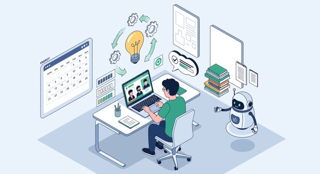 Student learning online with robot assistant and digital tools, idea generation