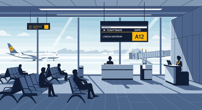 Airport departure lounge with passengers waiting, gate A12, airplane, and flight information screen