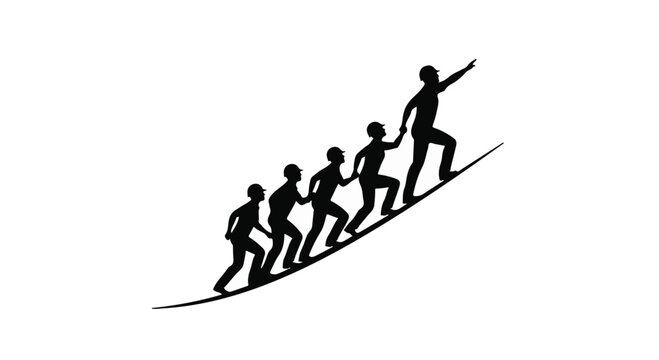 People climbing a steep upward curve together demonstrate the spirit of collective advancement and the persistence required to achieve high-reaching organizational or personal growth objectives.