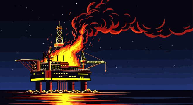 Burning oil rig at night, disaster, explosion, fire, offshore platform, dark sea, smoke