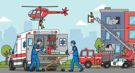 Emergency services responding to disaster scene with ambulance, helicopter, fire truck, police car © kopi