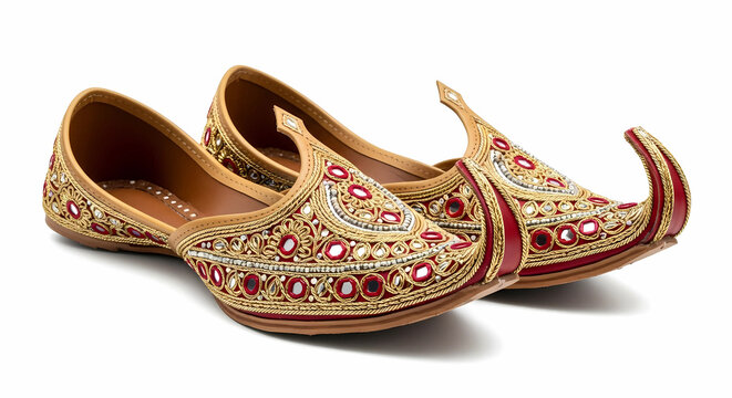 Elegant Khussa Shoe Pair with Traditional Embroidery Isolated on White
