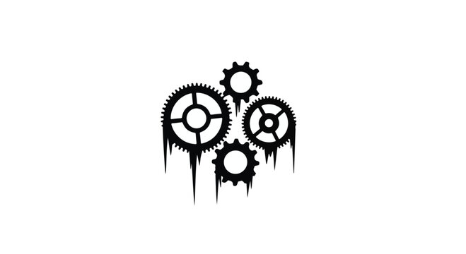 Gears interlocked in a complex mechanical formation display a unique dripping effect that symbolizes industrial decay, broken processes, or the challenges of aging machinery systems.