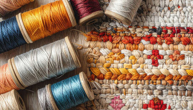 Colorful thread spools and woven textile
