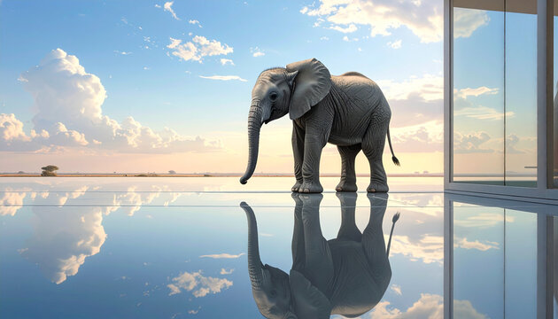 Elephant standing by water reflection