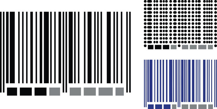 Barcodes show multiple vertical line configurations paired with organized pixelated dot matrix patterns.