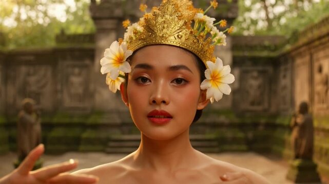 clean vector woman in traditional attire posing in front of ancient temple