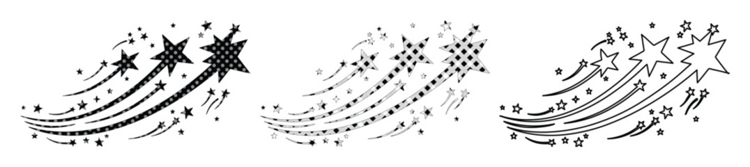 Shooting star vector set, black and white celestial comet trail icons, hand drawn magic sparkle starburst elements for graphic design © Caleb