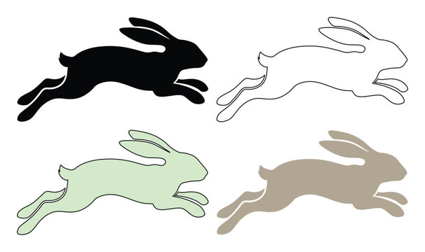 Running rabbit silhouette vector set, jumping hare icons in black and pastel colors, minimalist wild animal line art for spring and easter designs