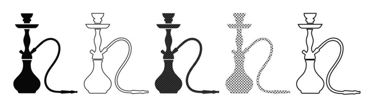 Hookah icon set with 5 vector elements, shisha water pipe silhouettes in black and grey, traditional smoking equipment for lounge branding and menus