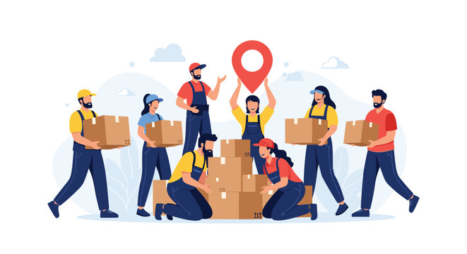 Team of professional movers and delivery workers wearing uniforms are organizing cardboard boxes around a large red location pin.