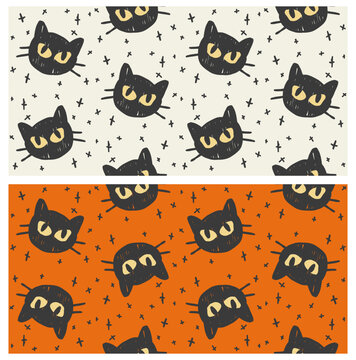 Halloween Black Cat Seamless Pattern, Hand Drawn Spooky Kitten Background for Wallpaper and Textile Design