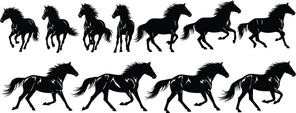 Black silhouette horses running in different poses and gaits galloping trotting