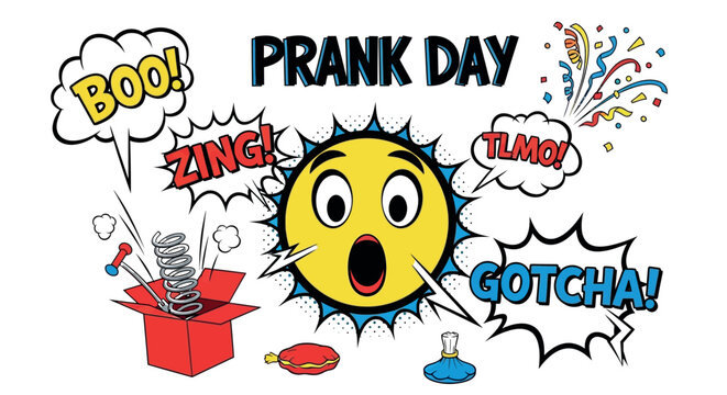A colorful illustration celebrating Prank Day with a surprised emoji and playful speech bubbles