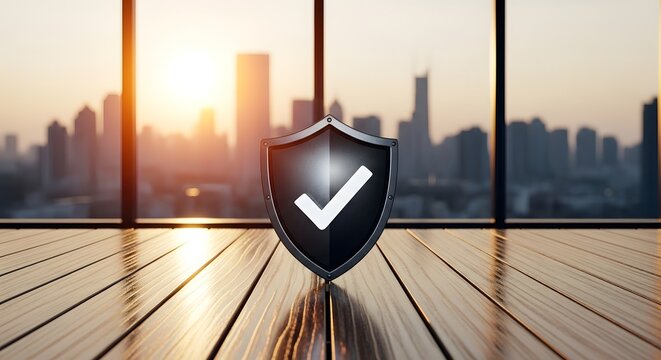 Shield icon with a checkmark symbol representing security and trust in a modern office