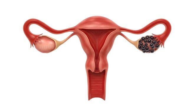 Female reproductive system with healthy ovary and polycystic ovary syndrome