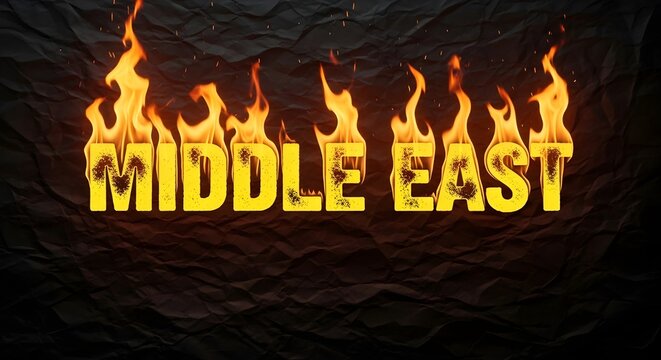 Burning flames engulf the words Middle East in bold yellow letters