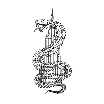 Dynamic Snake Skeleton Coiling Around a Tall Skyscraper or Building, Line Art, Isolated White Background