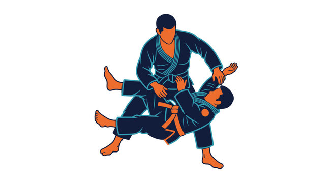 Brazilian Jiu Jitsu Fighters Sparring Vector Illustration, Martial Arts Grappling Match Graphic for Sports Training and Combat Fitness Club Branding