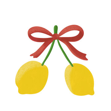 Watercolor fruits with bows, cherry, strawberry, orange, bluberry, apple isolate background. Set of icons in simple watercolor drawing style Organic food.