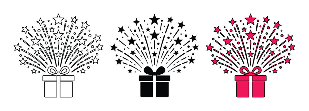 Celebration gift box icons with exploding stars, festive surprise present vector set, birthday fireworks and holiday gift box illustrations