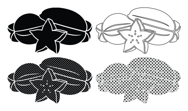 Starfruit vector icon set, black and white carambola fruit silhouettes, tropical star fruit line art and halftone patterns for food packaging