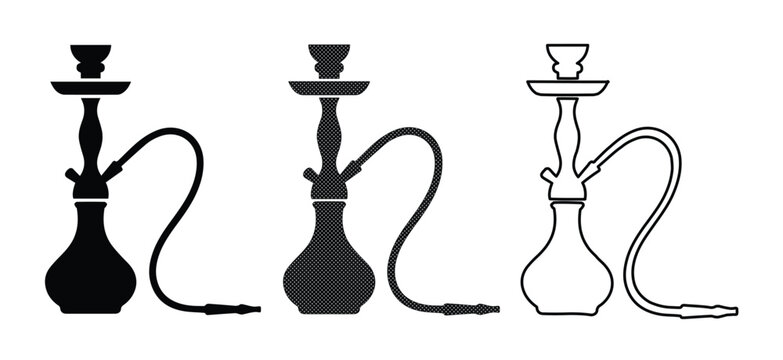 Hookah shisha vector icons set, black silhouette and outline water pipe illustrations, traditional middle eastern smoking equipment for lounge menus