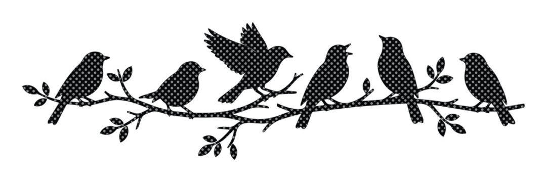 Black bird silhouettes on tree branch, decorative songbird vector illustration, nature wildlife border with six birds and leaves on white background