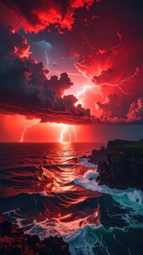 Dramatic Stormy Seascape with Lightning and Fiery Sunset Colors