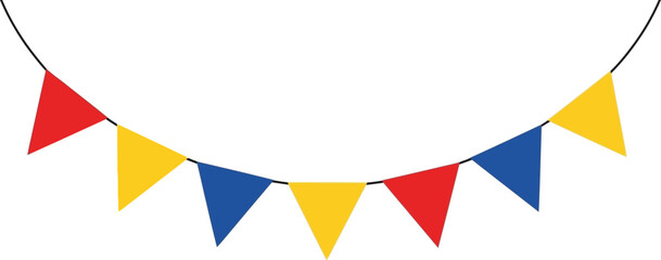 Fototapeta premium Colorful triangular flags strung on a wire, perfect for festive decorations and celebrations