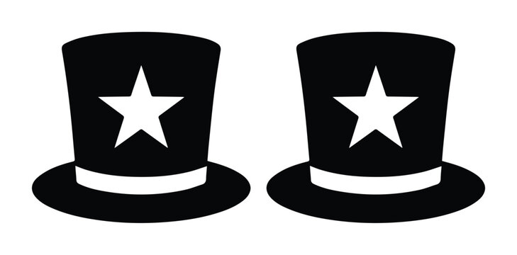 Patriotic Uncle Sam top hat icons, black and white American star cylinder hats, set of 2 vector silhouettes for Fourth of July and election graphics