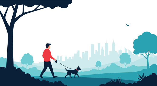 Man enjoys a quiet morning walk with his black dog on a leash in a suburban park with a misty city skyline in the far distance.
