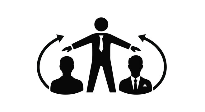 Manager icon showing a central authority figure overseeing two subordinates with rotating arrows indicates the strategic delegation of tasks, human resource management, and team leadership.