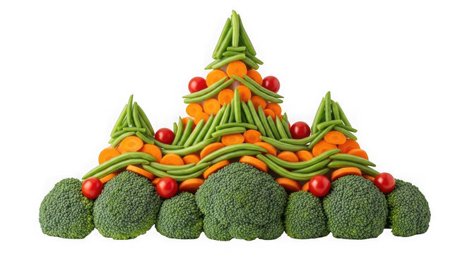 Vibrant Christmas tree made of vegetables and fruits isolated on transparent background