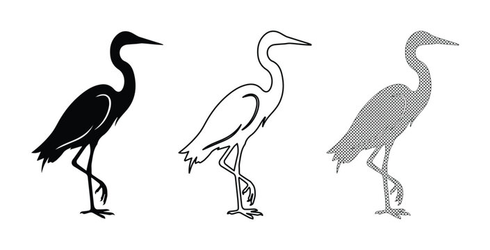 Minimalist heron silhouette vector set, elegant crane bird icons in black and grey, standing egret illustrations for nature logo design and branding