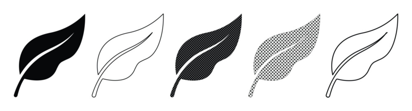 Minimalist leaf icon set with 5 vector elements, black and grey foliage symbols, organic botanical leaf shapes for eco-friendly branding and web design