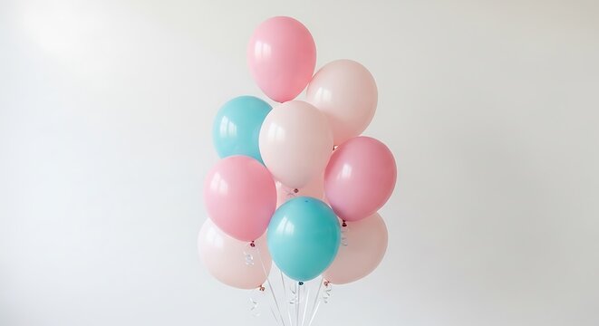 Bunch of pink blue and white balloons tied together floating in air  party decoration