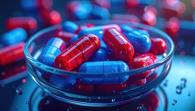 Red and blue pills in glass dish