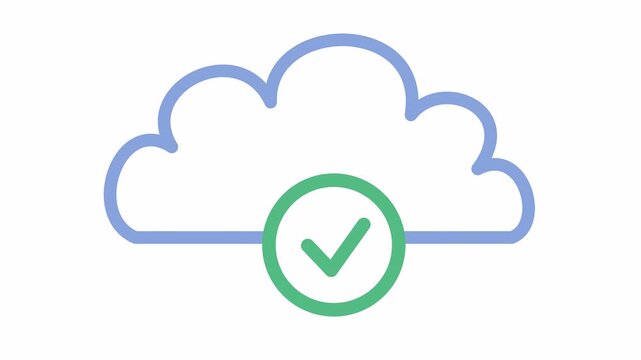 Cloud computing icon with green success check mark symbol isolated on an alpha channel. Minimalist network icon of a cloud with a completed task indicator. Flat design outlined cloud graphic.