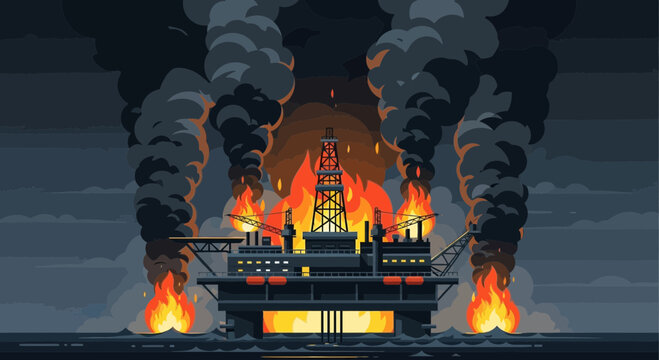 Oil Rig Fire Disaster: Platform engulfed in flames and smoke, industrial accident, ocean emergency.