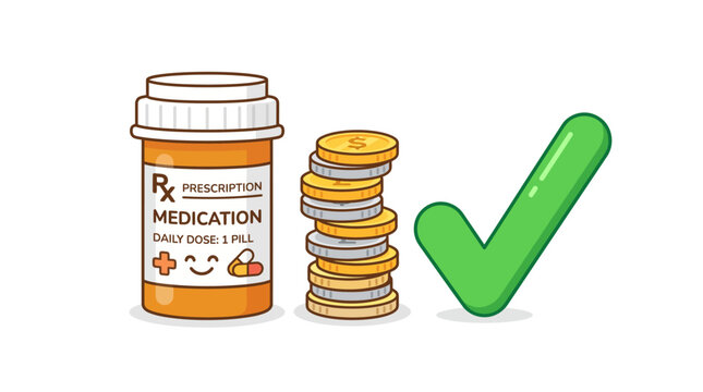 Prescription medication bottle with stack of coins and green checkmark