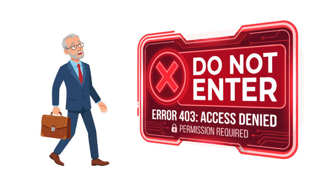 Older businessman facing digital access denied error 403 sign