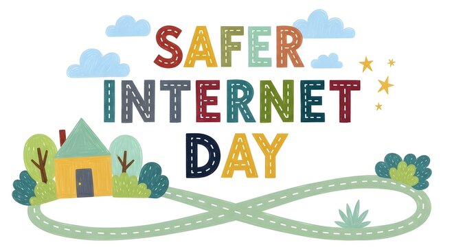 Safer internet day typography with cute house, clouds, and road illustration isolated on white background