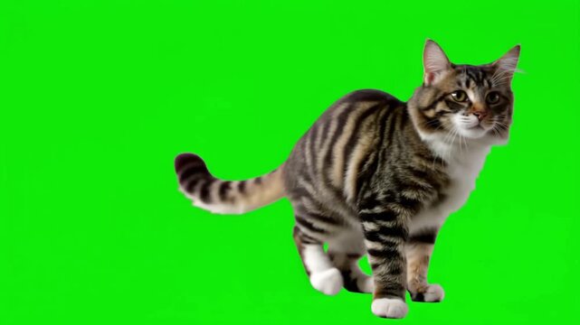 Cat on a green screen chromakey. Gray cat isolated on a greenscreen. Feline is Sitting, Looking Up, Playing and Catching. Cat licks its muzzle. Kitten video. Keying. Advertising of goods for pets 4K